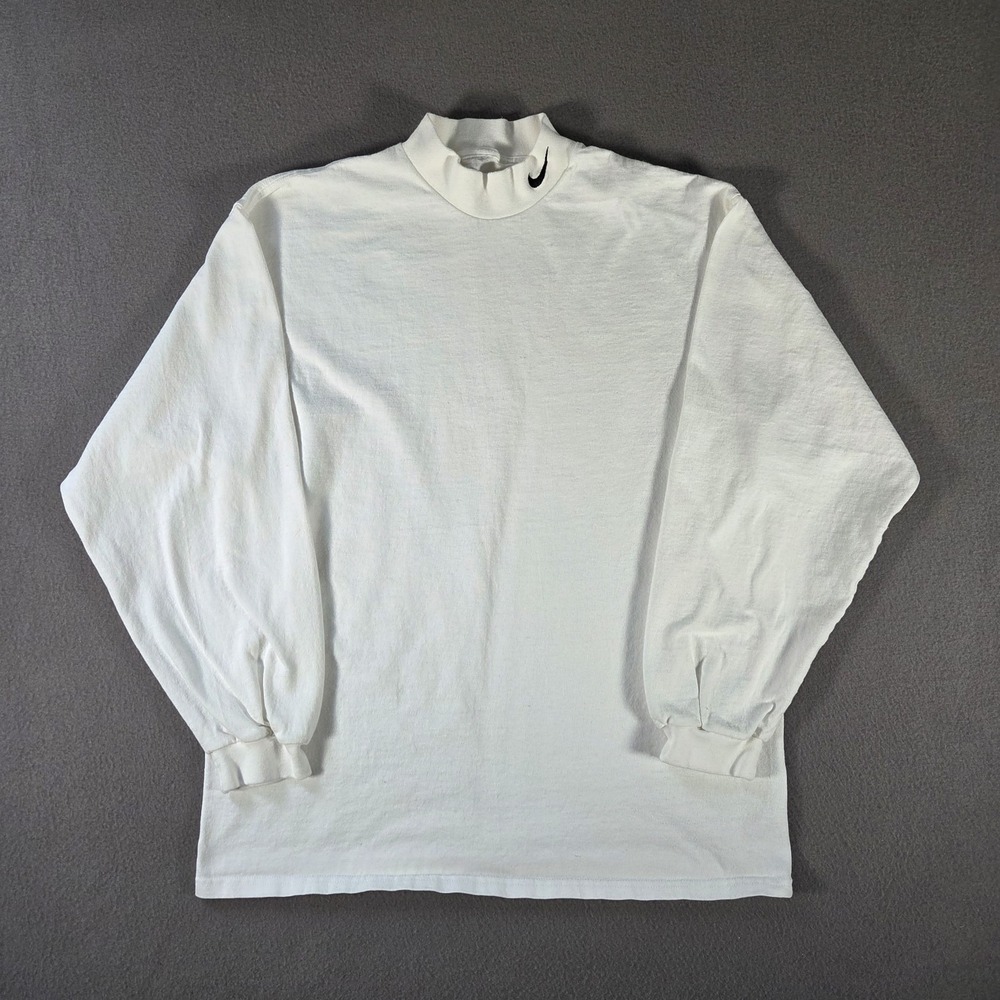 Vintage Nike T Shirt Mens Medium White Mock Neck Mini Swoosh Long Sleeve